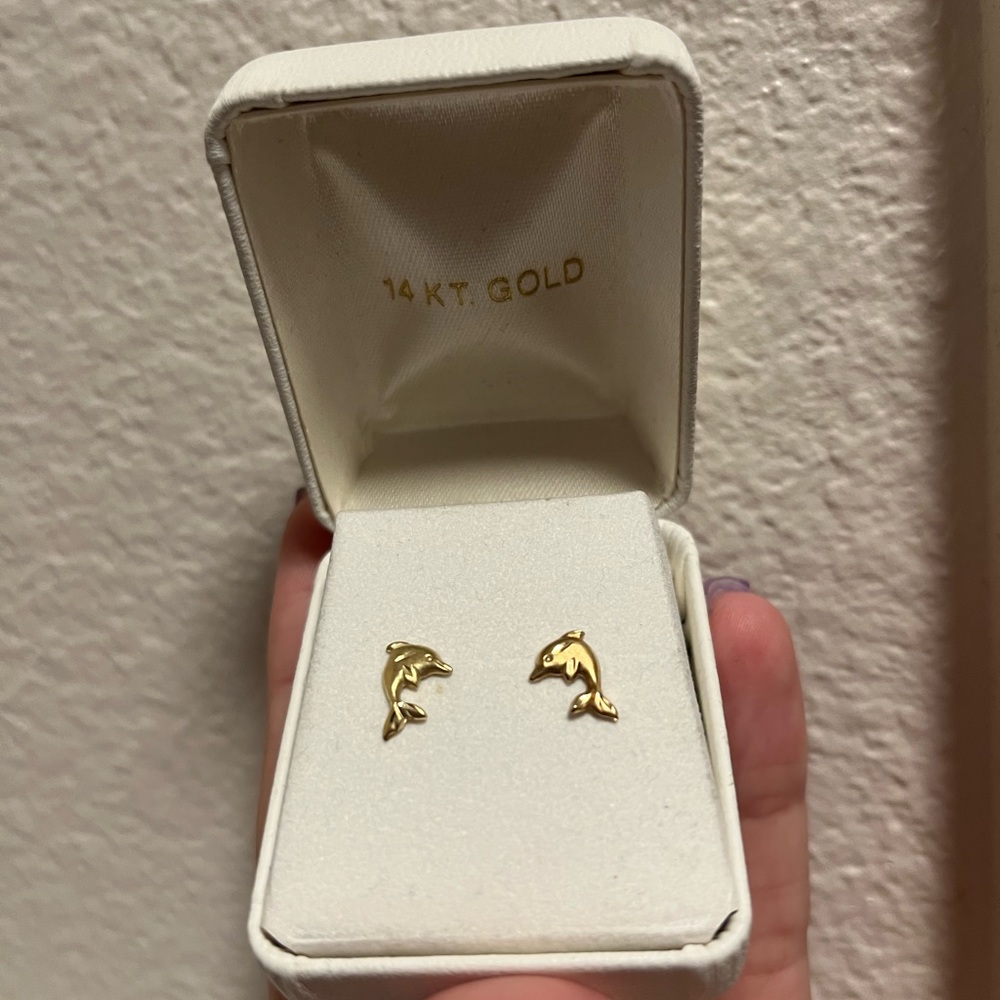 14K gold dolphin earrings from Hawaii